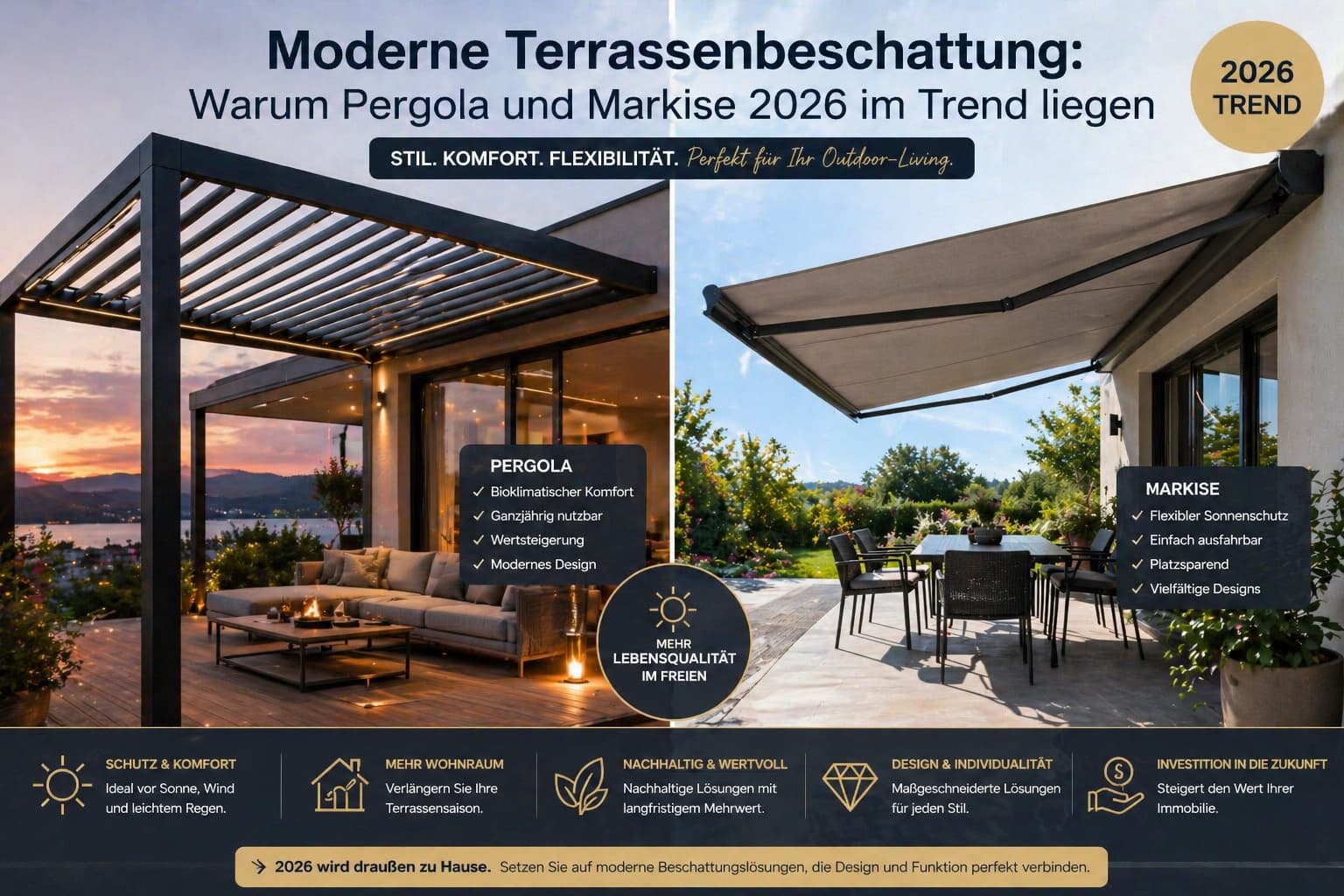 Moderne Terrassenbeschattung: Warum Pergola und Markise 2026